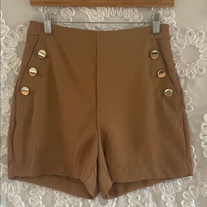 Dex Black Tape High-Rise Brown Women’s Dress Shorts w/ Gold Buttons Faux pockets